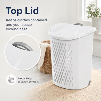 135L White Wheeled Plastic Laundry Hamper - Rolling Laundry Basket with Lid | Pull handle & easy-roll wheels make this rolling laundry hamper with lid easy to move in dorms, apartments & bedrooms. - size: 3.8Bushel
