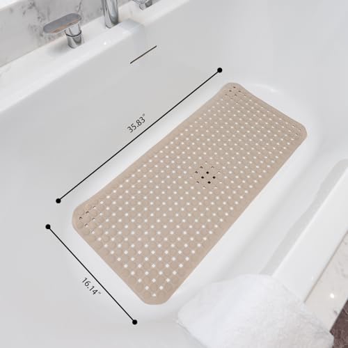 Extra Large Non-Slip Bathtub Mat, 36x17” TPR Shower Mat with 198+ Suction Cups, Bath Mat for Elderly/Kids, Machine Washable & Fast Drainage, Foot Massage Design (Khaki, Extra Large) - color: Khaki