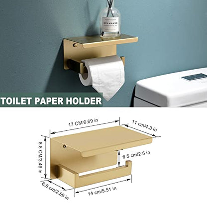 Brushed Gold Bathroom Towel Bar Holder Sets Premium Stainless Steel 4-Piece Bathroom Hardware Set Wall Mounted Bathroom Toilet Paper Holder with Shelf Set. - color: Brushed Dark Gold, size: 4-Pieces Set-B