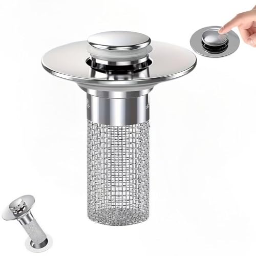 Bathroom Sink Drain Strainer with Pop Up Stopper, Stainless Steel Removable Filter Basket Hair Catcher, Anti-Clog Sink Drain Filter for Bathroom Sink (1 Pack)
