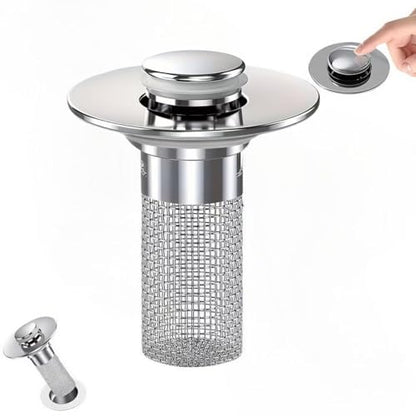 Bathroom Sink Drain Strainer with Pop Up Stopper, Stainless Steel Removable Filter Basket Hair Catcher, Anti-Clog Sink Drain Filter for Bathroom Sink (1 Pack)