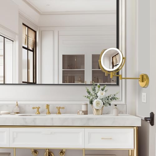 8" Lighted Wall Mounted Makeup Mirror 1X/10X Magnification Gold | Rechargeable, 2 Sided, 3 Color LED with Touch Dimming, 360 Swivel Extendable Arm Vanity Shaving, Brushed Moderne Brass - color: Brushed Moderne Brass