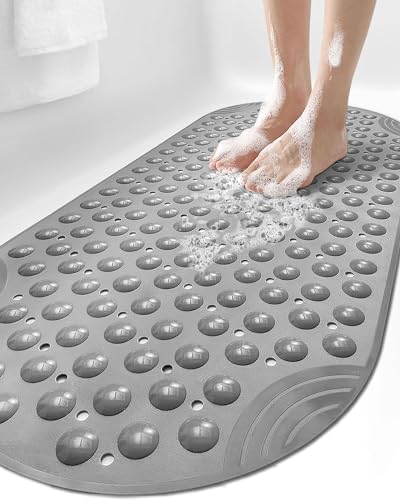 DEXI Bathtub Mat Non Slip 16x35, Shower Floor Mats for Bathroom Bath Tub | Grey, Washable Oval Bathmat, Suction Cups and Drain Holes to Keep Tubs Clean - color: All Grey