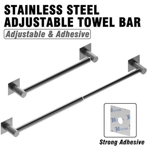 Towel Bar, Self-Adhesive Towel Racks for Bathroom, Matte Black | Adjustable 13 to 23.6 Inch Stick on Towel Rod, 304 Stainless Steel Towel Holder, Rustproof, Square Base, No Drill, Modern - color: Matte Black, size: Self-Adhesive