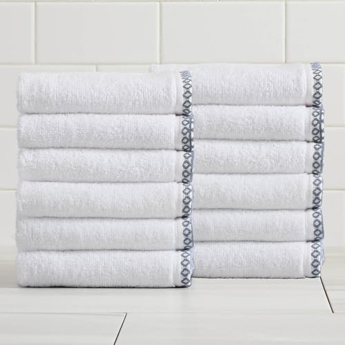 Great Bay Home Blue/White Washcloth Set - Ultra-Soft Cotton, Boho-Chic Border Design - 12 Washcloths (13" x 13") - Absorbent, Quick-Dry, Lightweight Bathroom Towels - color: White / Chambray Blue, size: Washcloth (Pack of 12)