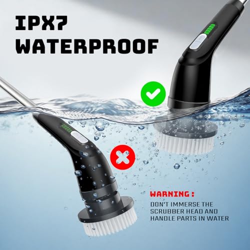Electric Spin Scrubber, 2-Speed Cleaning Brush, Extendable Handle (Black) | Includes 7 reusable brush heads and an IPX7-rated design for cleaning bathrooms, showers, kitchens, tile, floors, and grout - color: Black