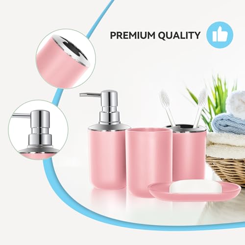 Pink Bathroom Accessories Set 4 PCS, Pink Bathroom Accessories | Plastic Soap Dispenser and Toothbrush Holder Set, Soap Dish and Mouthwash Cup, Boho Bathroom Decor, Bathroom Set - size: 4Pcs Pink