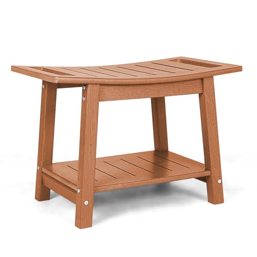 HDPE Shower Bench Seat, Heavy Duty Shower Stool for Inside Shower | Non-Slip, Maintenance-Free, Adjustable Feet, Side Handles, Indoor/Outdoor, Easy to Clean - color: Teak, size: 25"W x 14"D x 17.3"H