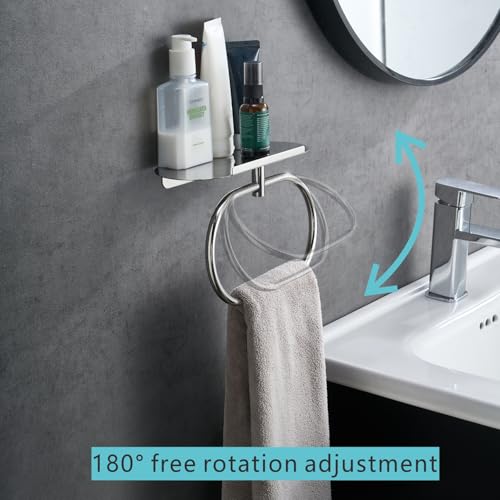 Towel Ring with Shelf Steel Self, Stainless Steel Bath Towel Rings, Self Adhesive Hand Towel Ring for Bathroom, Wall Mounted Towel Hanger for Bathroom Kitchen (Chrome) - color: Chrome