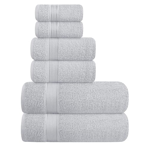 Ultra Soft 6 Pack Cotton Towel Set, Contains 2 Bath Towels 28x55 inch, 2 Hand Towels 16x24 inch & 2 Wash Coths 12x12 inch, Ideal for Everyday use, Compact & Lightweight - Light Grey - color: Light Grey