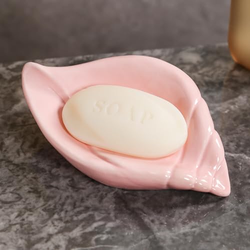 Sea-Shell Soap Holder, Ceramic Soap Tray with Self Draining, Soap Tray for Sink Washroom Bathroom Shower, Small Cute and Elegant Holder with Glaze, Easy Cleaning (Pink) - color: Pink