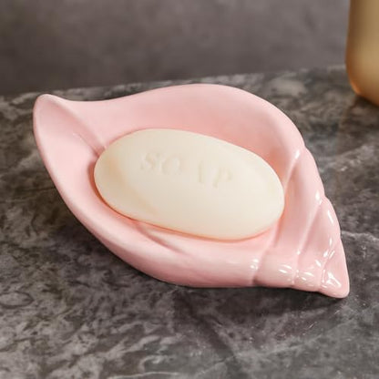 Sea-Shell Soap Holder, Ceramic Soap Tray with Self Draining, Soap Tray for Sink Washroom Bathroom Shower, Small Cute and Elegant Holder with Glaze, Easy Cleaning (Pink) - color: Pink