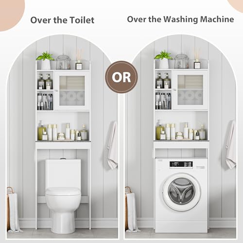 SUPER DEAL Over The Toilet Bathroom Storage Cabinet Freestanding Wooden Bathroom Organizer with Adjustable Shelves and Glass Door, White - color: White