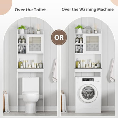 SUPER DEAL Over The Toilet Bathroom Storage Cabinet Freestanding Wooden Bathroom Organizer with Adjustable Shelves and Glass Door, White - color: White