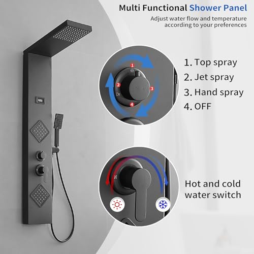 Shower Panel Shower Tower System, Stainless Steel with Massage Body Jets Adjustable, Stand Shower Column Wall Mount, Black