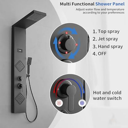 Shower Panel Shower Tower System, Stainless Steel with Massage Body Jets Adjustable, Stand Shower Column Wall Mount, Black