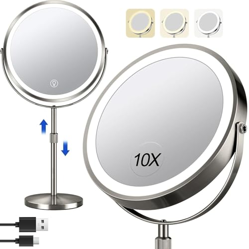 8.5" Lighted Makeup Mirror, 3000 mAh Rechargeable Double Sided Magnifying Vanity Mirror with 3 Colors, 1x/10x Magnifying, Brightness Adjustable Magnification Cosmetic Light up Mirror, Brushed Nickel - color: Brushed Nickel