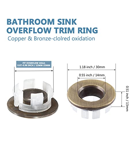 3 Pack Sink Overflow Ring, Antique Bronze Copper Basin Drain Cover | Fits 22-25mm Overflow Hole, Tool-Free Flex Buckle Install, Anti-Aging Rust Proof, for Ceramic Bathroom Kitchen Sink - color: Antique Bronze -- 3 Pack, style: Copper