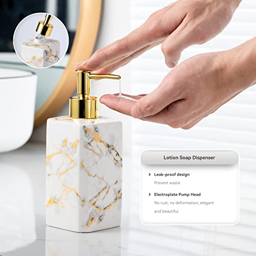 4 Piece Bathroom Accessories Set - White Bathroom Accessory Sets Includes Lotion Dispenser, Toothbrush Holder Tumbler, and Soap Dish - Glossy Finish (Marble, White) - color: White