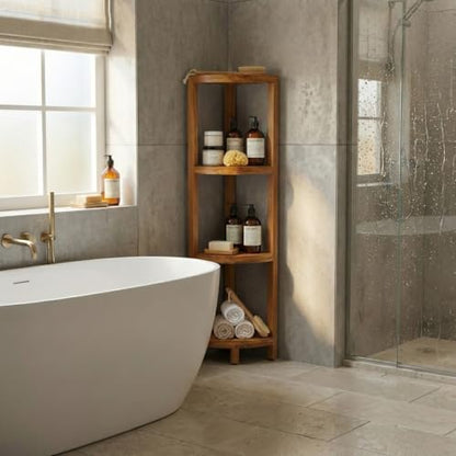 AquaTeak Kai Four-Tier Corner Teak Bath Stand | Space-Saving Design, Durable Water-Resistant Teak, Anti-Slip Feet