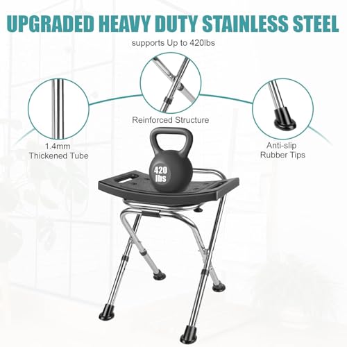 Height Adjustable Folding Shower Chair Seat, Stainless Steel Small Shower Chair for Inside Shower with,400lbs Portable Travel Shower Stool,Safety Anti-Slip Bath Chair for Seniors(Black)