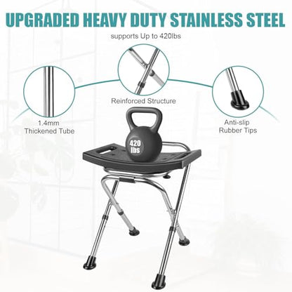 Height Adjustable Folding Shower Chair Seat, Stainless Steel Small Shower Chair for Inside Shower with,400lbs Portable Travel Shower Stool,Safety Anti-Slip Bath Chair for Seniors(Black)