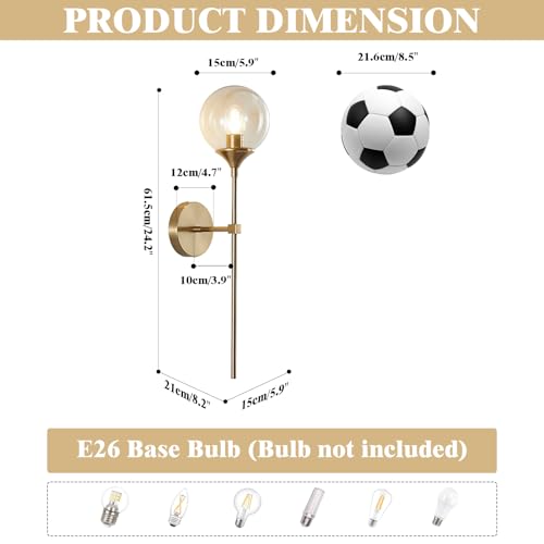 KCO 2 Pack Modern Brass Gold Amber Glass Globe Wall Sconce with Long Rod | E26 Base, Up/Down Mounted, Hardwired Mid Century Wall Light Fixture for Bedroom Reading Bathroom Vanity Hallway Living Room - color: Amber
