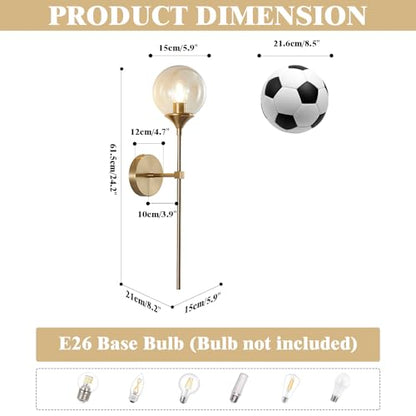 KCO 2 Pack Modern Brass Gold Amber Glass Globe Wall Sconce with Long Rod | E26 Base, Up/Down Mounted, Hardwired Mid Century Wall Light Fixture for Bedroom Reading Bathroom Vanity Hallway Living Room - color: Amber