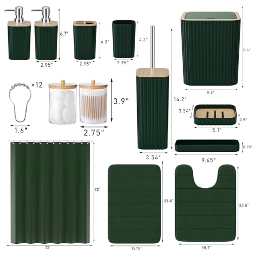 XLHOMO Bathroom Accessories Set - 25PC Green Bathroom Set, Bathroom Set with Shower Curtain and Rugs, Green Shower Curtain Set, Toilet Brush, Bathroom Trash Can - size: Bath Set+Shower Curtain+Rugs, style: Dark Green