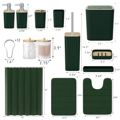 XLHOMO Bathroom Accessories Set - 25PC Green Bathroom Set, Bathroom Set with Shower Curtain and Rugs, Green Shower Curtain Set, Toilet Brush, Bathroom Trash Can - size: Bath Set+Shower Curtain+Rugs, style: Dark Green