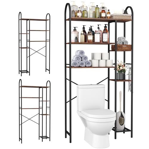 HOMEFORT Over The Toilet Storage with Side Rack, 6-Tier Over Toilet Storage Rack with Adjustable Shelf, Space Saver Bathroom Organizer for Laundry, Balcony, Kitchen,31.5"W x 9.4"D x 65"H,Rustic Brown