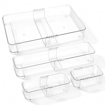 Expandable Drawer Organizer Set, Clear Adjustable Drawer Dividers, 4-Piece Storage Trays for Kitchen, Bathroom, Makeup, Office, Durable PET Material