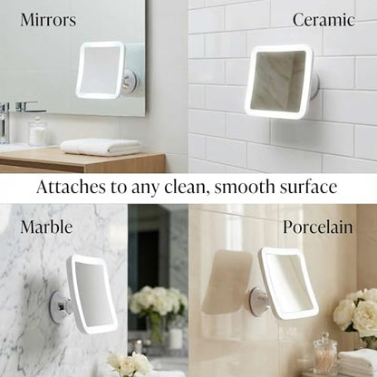 Fancii 10X Magnifying Lighted Makeup Mirror - Daylight LED Vanity Mirror - Compact, Cordless, Locking Suction, 6.5" Wide, 360 Rotation, Portable Illuminated Bathroom Mirror (Square)