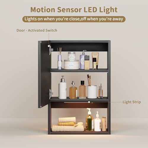 Wall Mounted Storage Cabinet with LED Light, Bathroom Over Toilet Organizer | Black Waterproof Cabinets With Adjustable Shelves, Soft Close, For Bathroom Kitchen Medicine Small Spaces, Easy to Assemble - color: Black