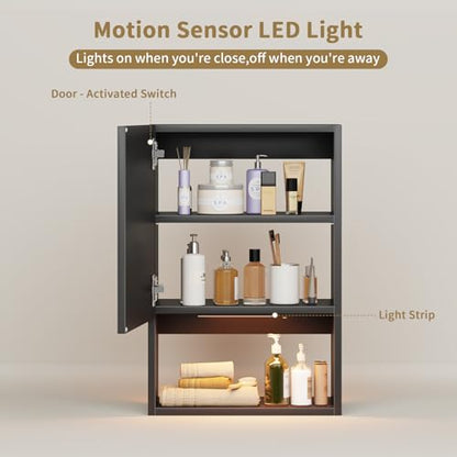 Wall Mounted Storage Cabinet with LED Light, Bathroom Over Toilet Organizer | Black Waterproof Cabinets With Adjustable Shelves, Soft Close, For Bathroom Kitchen Medicine Small Spaces, Easy to Assemble - color: Black