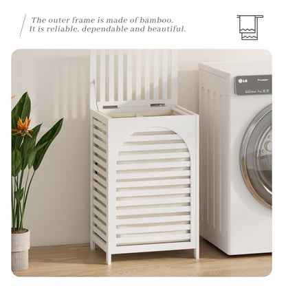 Laundry Hamper with Lid,Bamboo Large Waterproof Clothes Laundry Basket,Removable Washing Bags with Handles,clothes basket (White) - color: White
