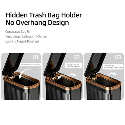 Slim Bathroom Trash Can with Lid, 10L Soft Close Step Pedal Black | Dual Open Step Pedal & Hand Press, 6.49" Ultra Narrow, Hidden Bag Holder, Odor Seal Waste Basket for Kitchen Office Bedroom