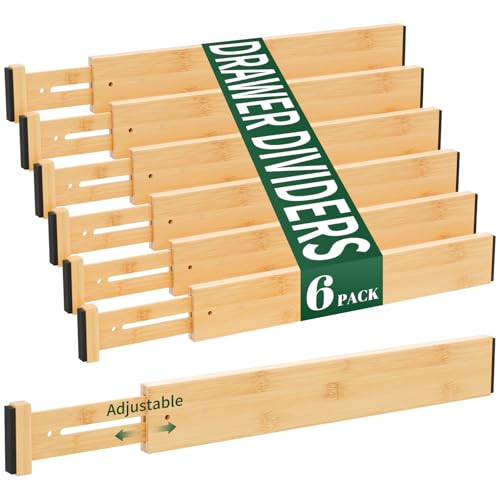 Dunruz Bamboo Drawer Dividers 2.6" High,17"-20" Adjustable Spring Loaded Clothes Drawer Organizers for Kitchen, Dresser, Bathroom, Bedroom and Office - size: 6 Pack 17-20"L