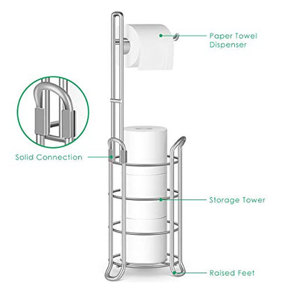 TomCare Toilet Paper Holder Stand Free Standing, Holds 4 Mega Rolls, Silver | Tool-Free Assembly, Detachable Metal Wire Frame, Powder-Coated Finish, Easy Storage and Flexible Bathroom Placement - color: Silver Grey, size: Standard