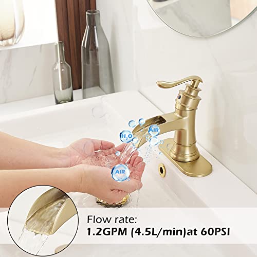 BWE Brushed Gold Waterfall Bathroom Sink Faucet with Deck Plate, 1.2 GPM | Waterfall Spout, Ceramic Cartridge, California-Compliant, Fits 1 or 3-Hole Sinks, Handware Included, Single Handle - color: Brushed Gold