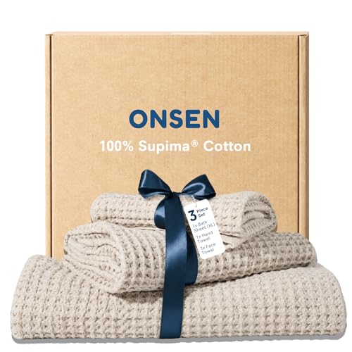 ONSEN Supima® Waffle Bath Sheet Set, Quick Dry Lint Free 100% USA Cotton, Large Bath Sheet Hand and Face Towel Bundle, 3 Piece (Oatmeal, Bath Sheet Set) - color: Oatmeal, size: Bath Sheet Set
