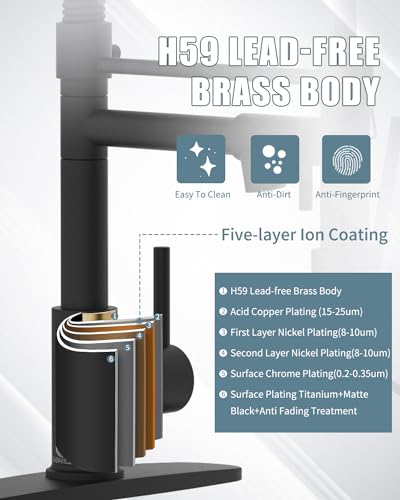 Kitchen Faucet with Soap Dispenser, Single Handle Spring Kitchen Sink Faucets with Pull Down Sprayer and Deck Plate,Black Faucet for Camper Farmhouse RV Kitchen Sink,Dual Function Spray Head - color: A.Matte Black, style: 1.Faucet+Soap Dispenser+Hole Cove
