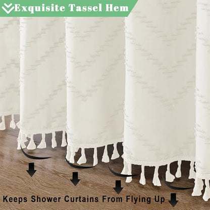 Small Boho Stall Shower Curtain, Beige Fabric Cloth Stall Shower Curtain 36 x 72 Half Size with Tassel Tufted Chevron Striped Textured Modern Farmhouse for Bathroom, Machine Washable - color: Beige, size: 36"W x 72"L (Pack of 1)