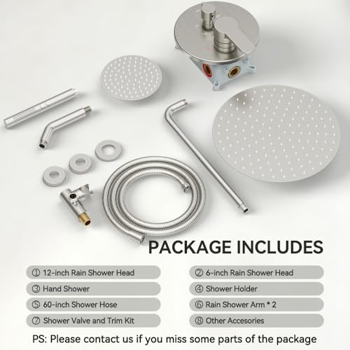Shower Systems STARBATH 12+6" Round Dual Rainfall Shower Head with Handheld Spray for Two People, Wall Mounted 3 Way Rain Shower Faucet Sets Complete, Included Valve and Trim Kit, Brushed Nickel - color: Brushed Nickel, size: 6+12 inch-05