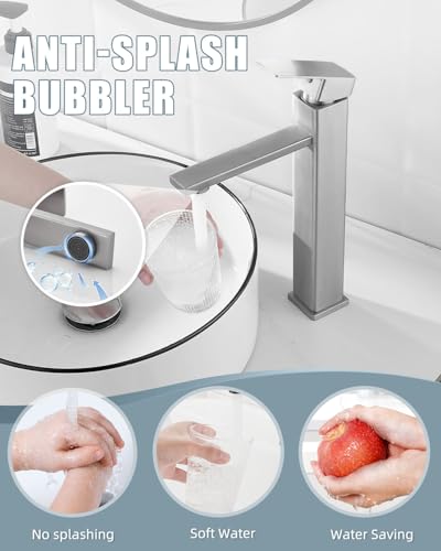Bathroom Faucets, Brushed Bathroom Sink Faucet Set with Pop Up Drain, Single Hole Single Handle High Barrel Sink Vanity Faucet, Stainless Steel Lead-Free - color: 2.Brushed Sealing Glaze, style: Tall