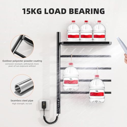 Swivel Heated Towel Rack, Wall Mounted Electric Towel Warmer Rack for Bathroom, 4 Round Bars Swivelable Towel Dryer with Tray, Towel Heater with Built-in Timer, for bathroom, Salons & Spas (G64 Black)