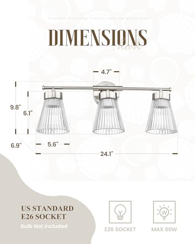 HWH INVESTMENT 3-Light Bathroom Vanity Light, Brushed Nickel, 5HZG97B-3W BN | 24.1-Inch Hardwired Wall Light with Clear Striped Glass; 3 E26 Bulbs, Max 60W Each; Bulbs Not Included - color: Brushed Nickel, size: 3-Light