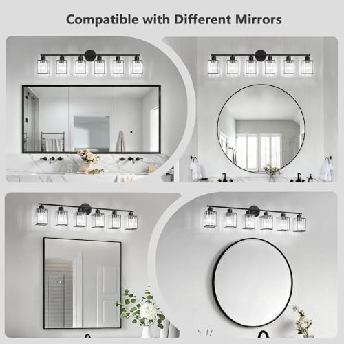 6 Light Bathroom Light Fixtures, Modern Crystal Vanity Lights over Mirror | Metal Frame, Bathroom Light with Square Crystal Shade, ETL Certified, E26 Ceramic Socket, Bulbs Not Included - color: Black, size: 6-Light