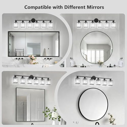 6 Light Bathroom Light Fixtures, Modern Crystal Vanity Lights over Mirror | Metal Frame, Bathroom Light with Square Crystal Shade, ETL Certified, E26 Ceramic Socket, Bulbs Not Included - color: Black, size: 6-Light