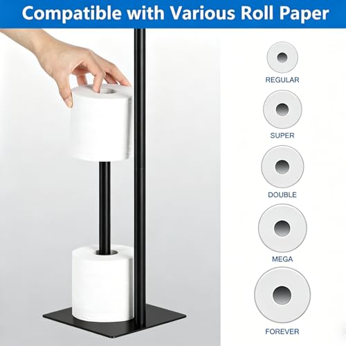 Black Toilet Paper Holder Stand Metal Toilet Paper Roll Holder with Reserve, Freestanding TP Holder Toilet Paper Storage Holder
